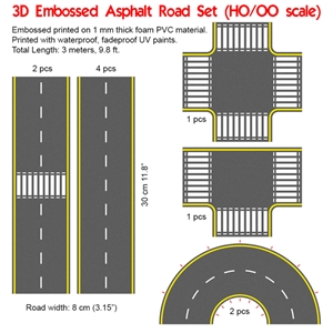 P3D-UV-02 HO Scale UV Printed 3D PVC Road Set (Asphalt)