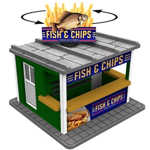 Spur 0 Fish & Chips Stand mit rotierendem Werbeschild und Be